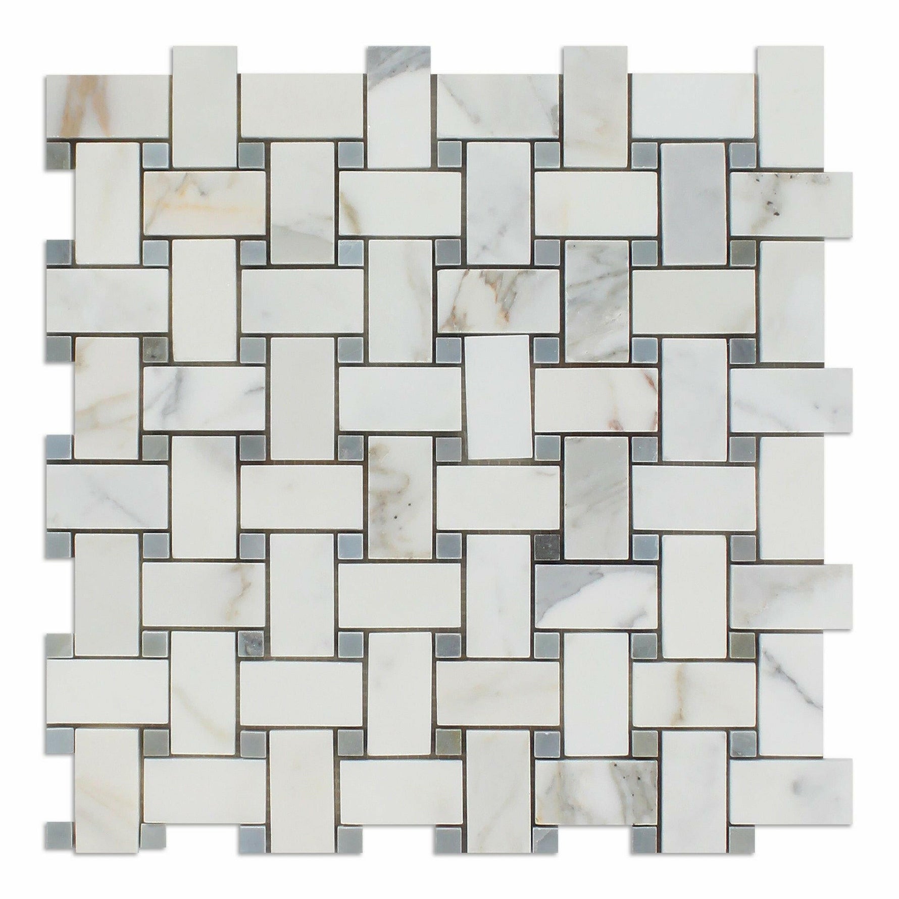 Calacatta Gold Marble Polished Basketweave Mosaic Tile w/ Blue-Gray Dots-Marble Mosaic-American Tile Depot