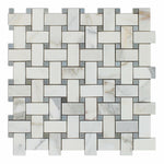 Calacatta Gold Marble Polished Basketweave Mosaic Tile w/ Blue-Gray Dots-Marble Mosaic-American Tile Depot