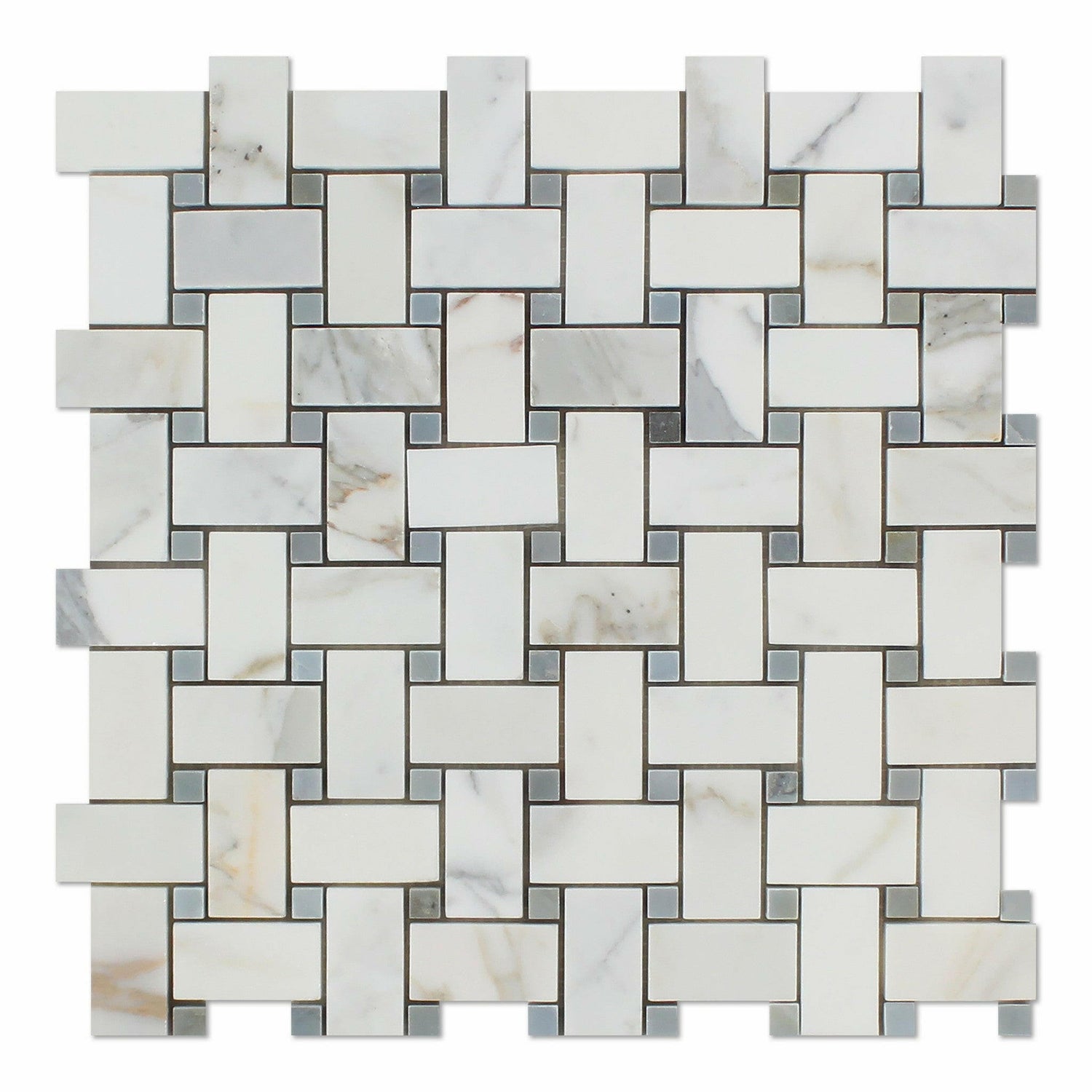 Calacatta Gold Marble Polished Basketweave Mosaic Tile w/ Blue-Gray Dots-Marble Mosaic-American Tile Depot