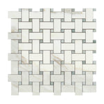 Calacatta Gold Marble Polished Basketweave Mosaic Tile w/ Ming-Green Dots-Marble Mosaic-American Tile Depot