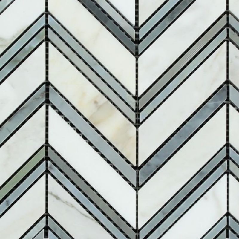 Calacatta Gold Marble Polished Large Chevron Mosaic Tile w / Blue - Gray Dots Marble Strips-Marble Mosaic-American Tile Depot