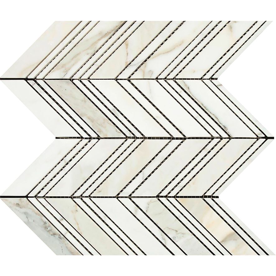 Calacatta Gold Marble Polished Large Chevron Mosaic Tile w / Calacatta Dots Marble Strips-Marble Mosaic-American Tile Depot