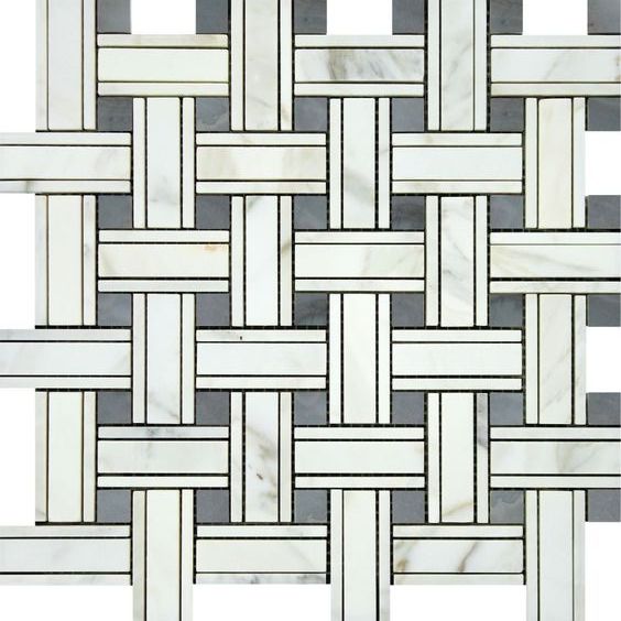 Calacatta Gold Marble Polished Triple Weave Mosaic Tile w / Blue Gray Dots-Marble Mosaic-American Tile Depot