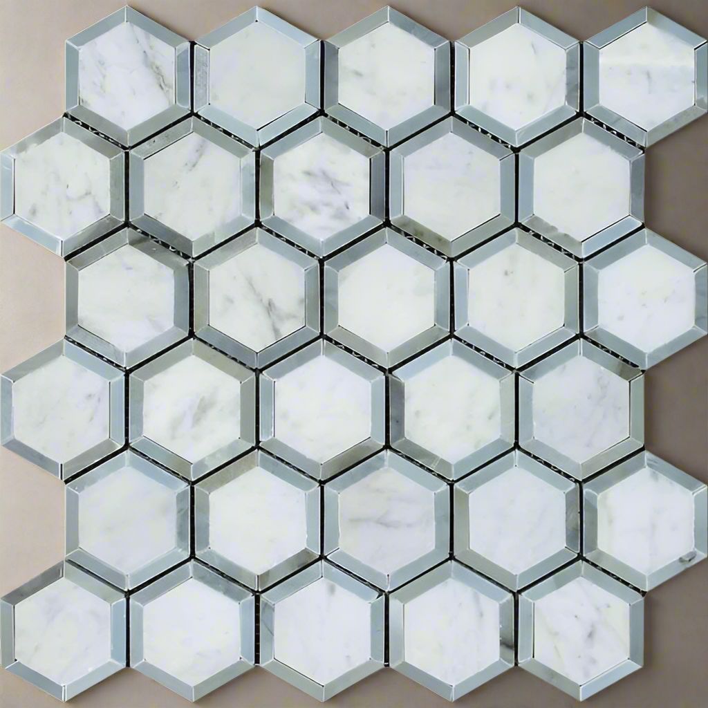 Carrara White Marble Honed 2" Vortex Hexagon Mosaic Tile w / Blue Gray-Marble Mosaic-American Tile Depot