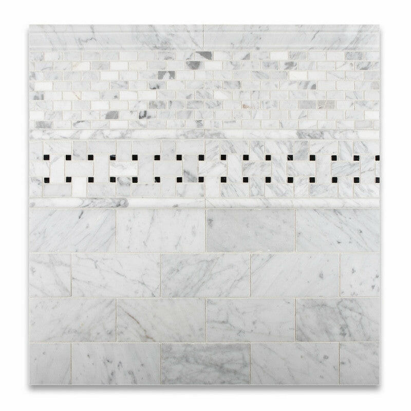 Carrara White Marble Honed Basketweave Mosaic Tile w/ Black Dots-Marble Mosaic-American Tile Depot