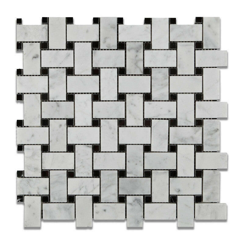 Carrara White Marble Honed Basketweave Mosaic Tile w/ Black Dots-Marble Mosaic-American Tile Depot