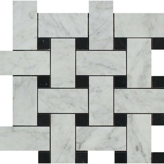 Carrara White Marble Honed Large Basketweave Mosaic Tile w/ Black Dots-Marble Mosaic-American Tile Depot