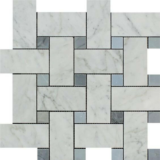 Carrara White Marble Honed Large Basketweave Mosaic Tile w/ Blue-Gray Dots-Marble Mosaic-American Tile Depot