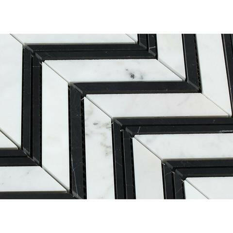 Carrara White Marble Honed Large Chevron Mosaic Tile w / Black Strips-Marble Mosaic-American Tile Depot