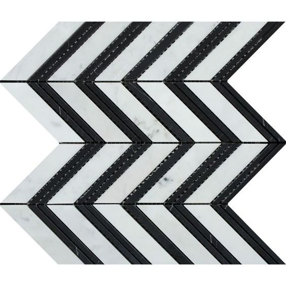 Carrara White Marble Honed Large Chevron Mosaic Tile w / Black Strips-Marble Mosaic-American Tile Depot