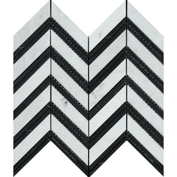 Carrara White Marble Honed Large Chevron Mosaic Tile w / Black Strips-Marble Mosaic-American Tile Depot