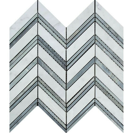 Carrara White Marble Honed Large Chevron Mosaic Tile w / Blue-Gray Strips-Marble Mosaic-American Tile Depot