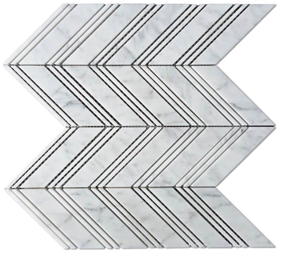 Carrara White Marble Honed Large Chevron Mosaic Tile w / Carrara Strips-Marble Mosaic-American Tile Depot