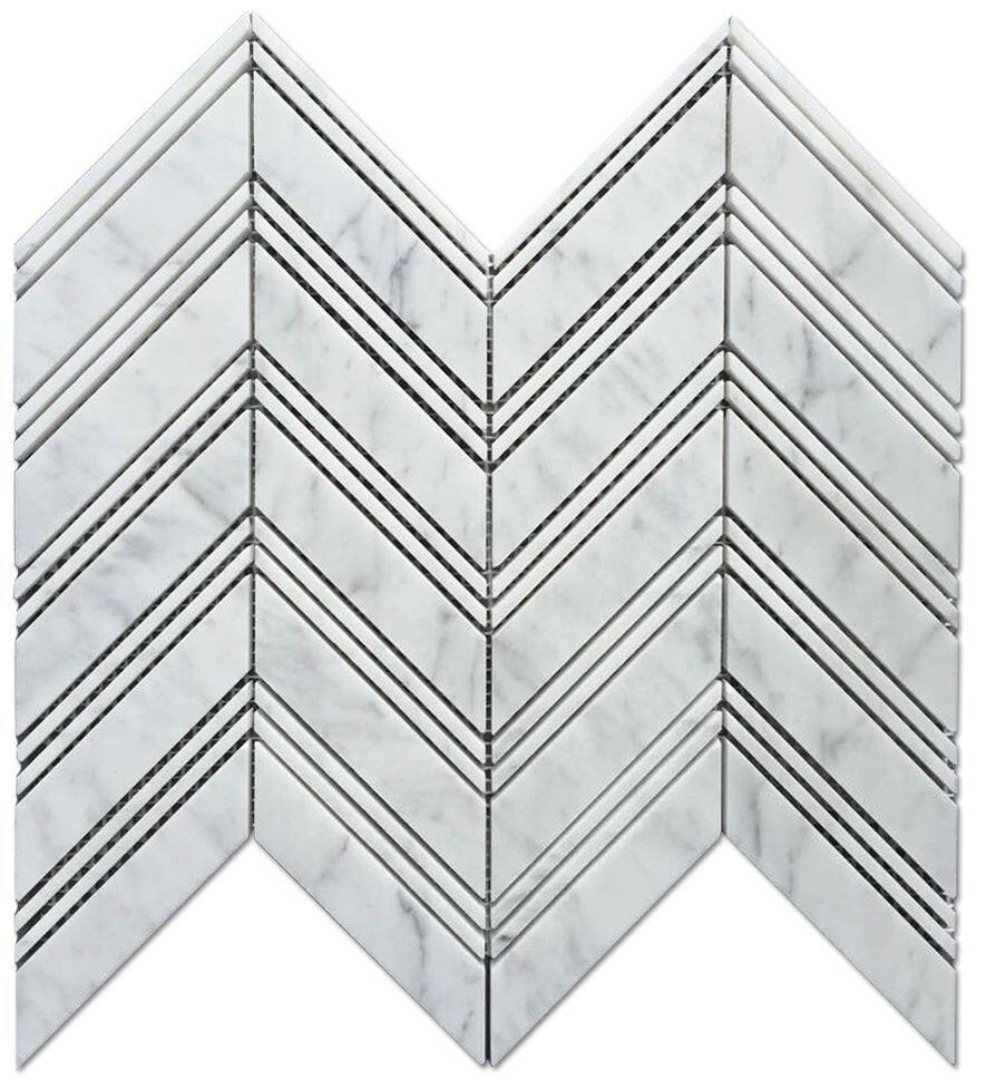 Carrara White Marble Honed Large Chevron Mosaic Tile w / Carrara Strips-Marble Mosaic-American Tile Depot