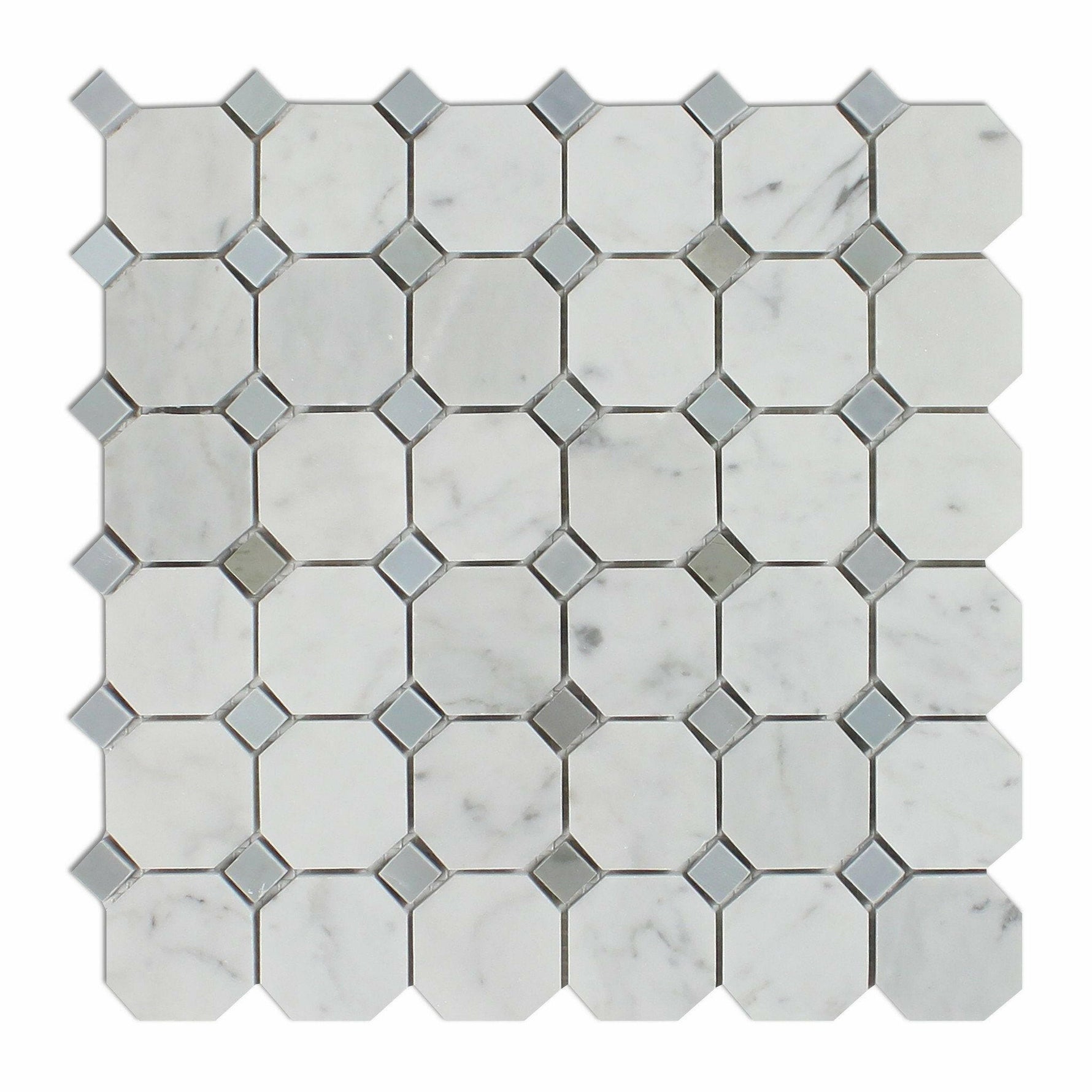 Carrara White Marble Honed Octagon Mosaic Tile w/ Blue-Gray Dots-Marble Mosaic-American Tile Depot