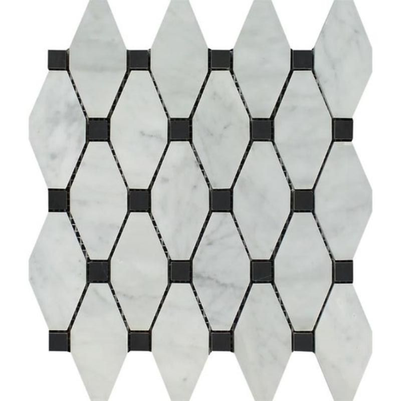 Carrara White Marble Honed Octave Pattern Mosaic Tile w/ Black Dots-Marble Mosaic-American Tile Depot