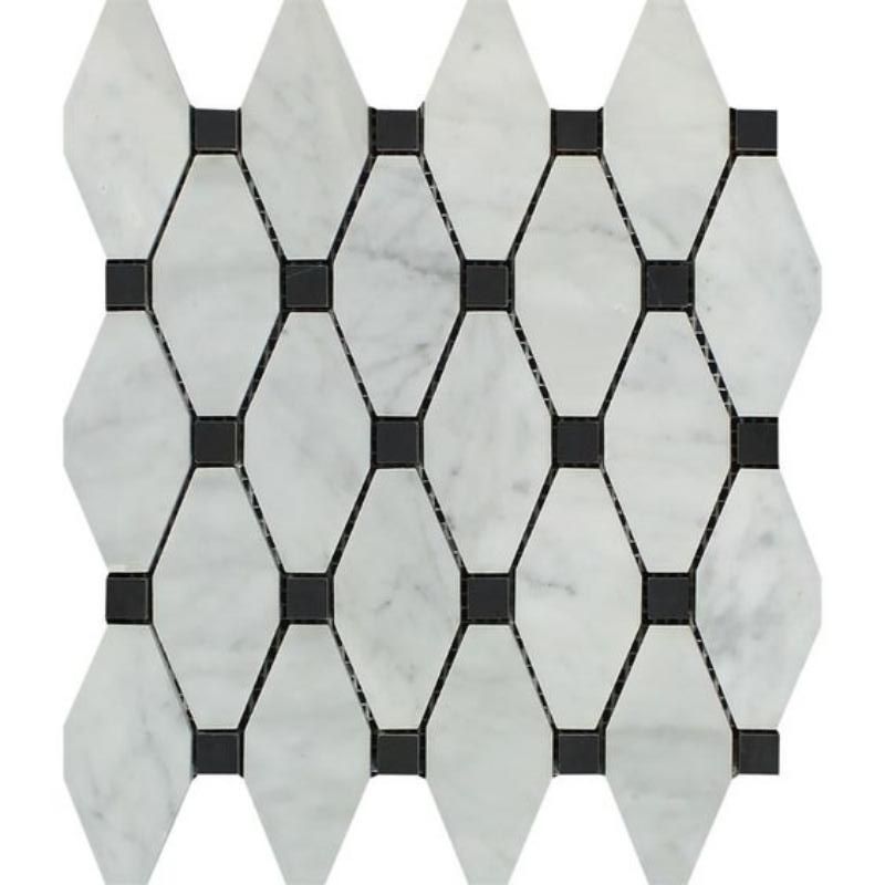 Carrara White Marble Honed Octave Pattern Mosaic Tile w/ Black Dots-Marble Mosaic-American Tile Depot