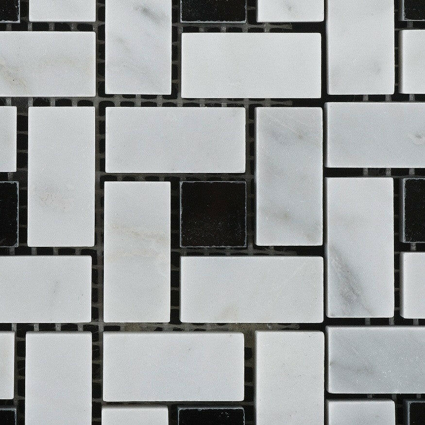 Carrara White Marble Honed Pinwheel Mosaic Tile w/ Black Dots-Marble Mosaic-American Tile Depot