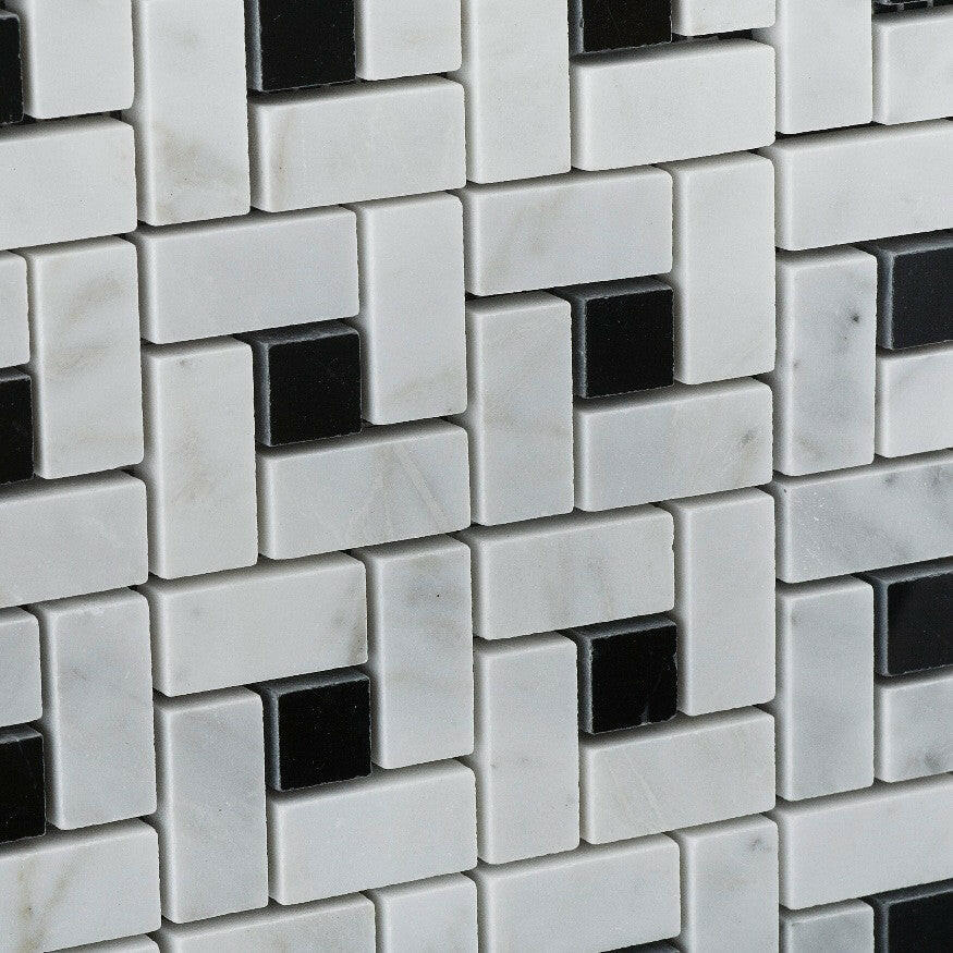 Carrara White Marble Honed Pinwheel Mosaic Tile w/ Black Dots-Marble Mosaic-American Tile Depot