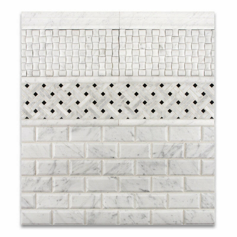 Carrara White Marble Honed Stanza Basketweave Mosaic Tile w/ Black Dots-Marble Mosaic-American Tile Depot