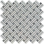 Carrara White Marble Honed Stanza Basketweave Mosaic Tile w/ Blue Gray Dots-Marble Mosaic-American Tile Depot