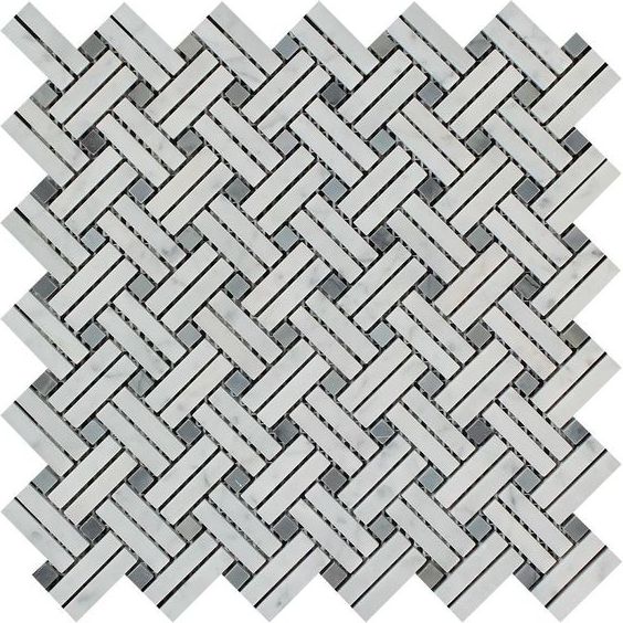 Carrara White Marble Honed Stanza Basketweave Mosaic Tile w/ Blue Gray Dots-Marble Mosaic-American Tile Depot