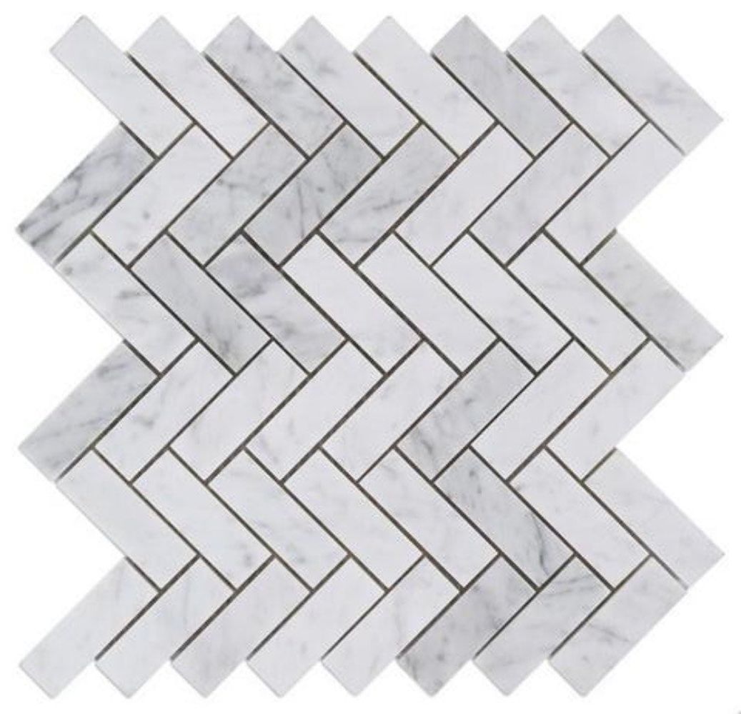 Carrara White Marble Polished 1 x 3 Herringbone Mosaic Tile-Marble Mosaic-American Tile Depot