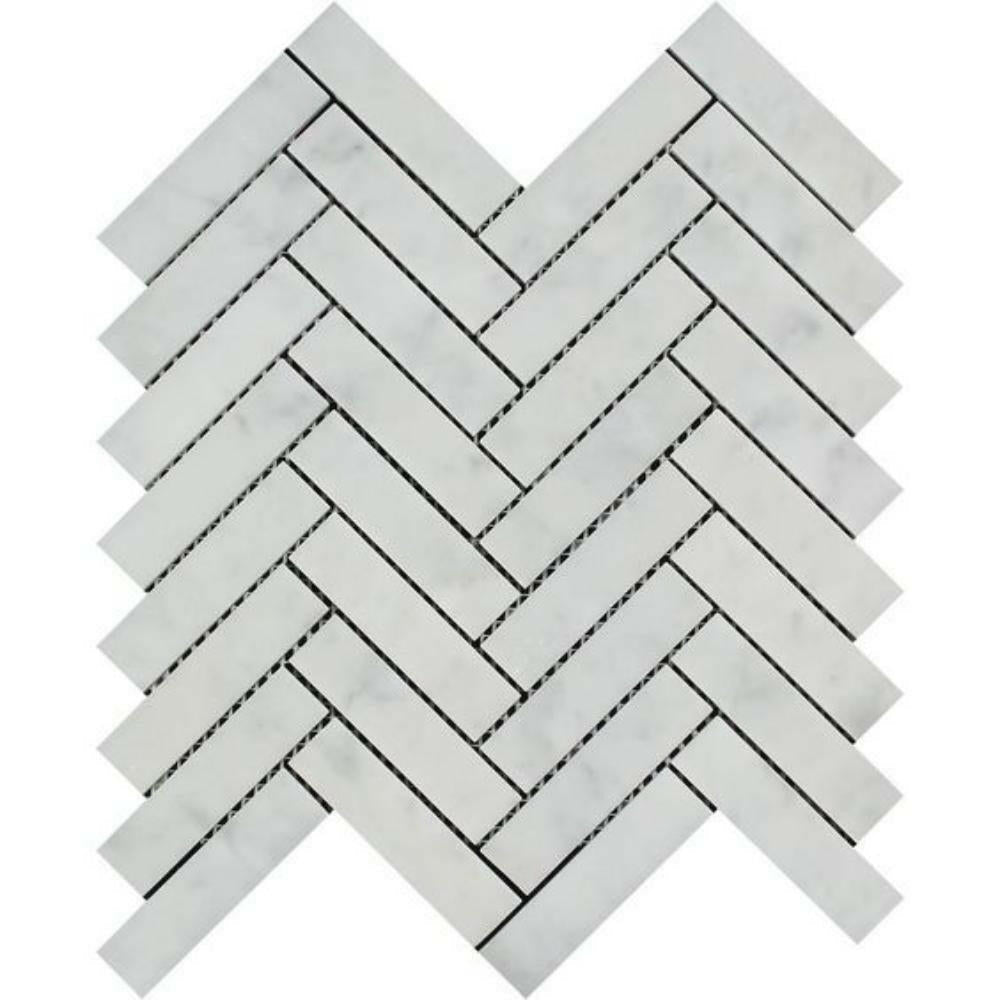 Carrara White Marble Polished 1 x 4 Herringbone Mosaic Tile-Marble Mosaic-American Tile Depot