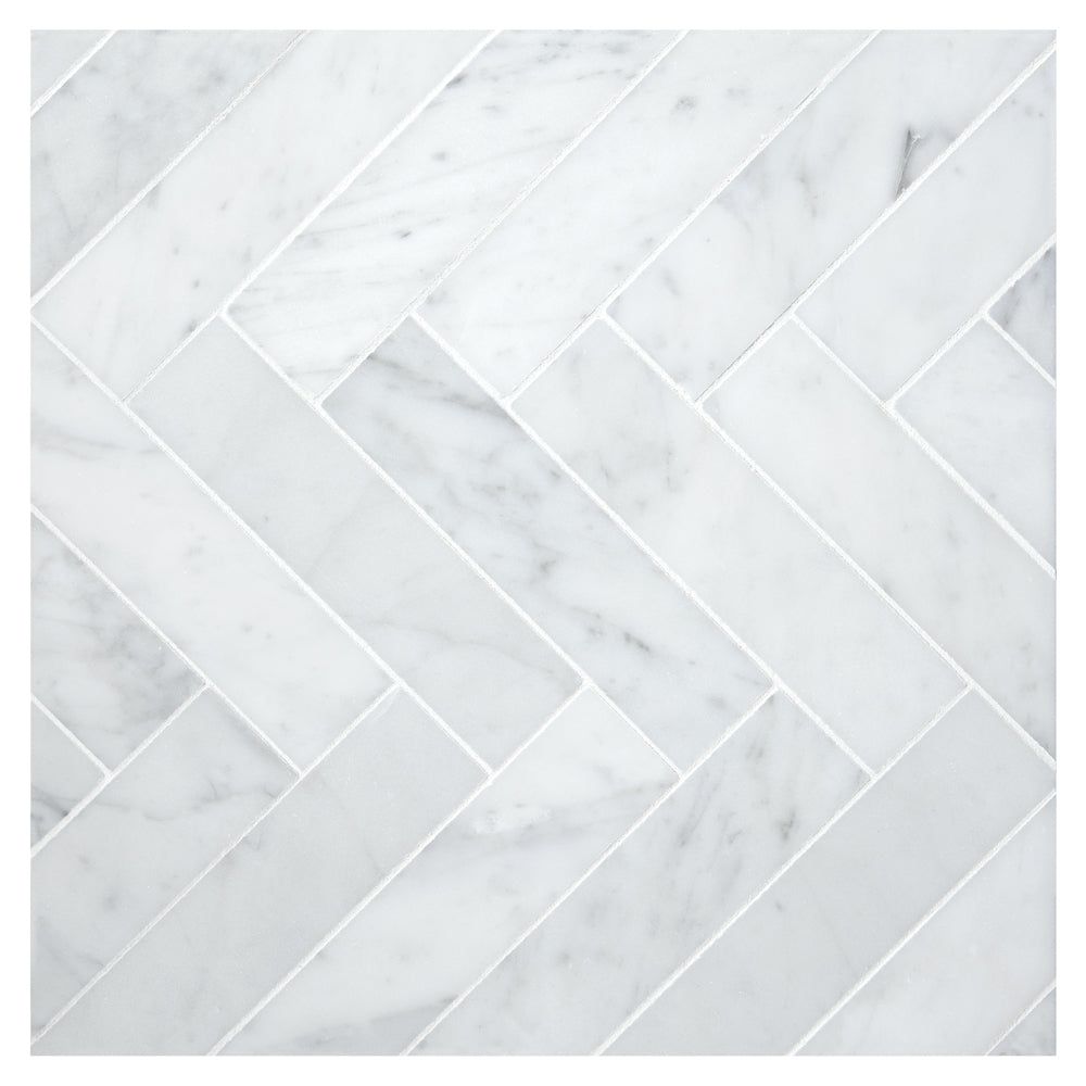 Carrara White Marble Polished 1.25 x 6 Herringbone Mosaic Tile-Marble Mosaic-American Tile Depot