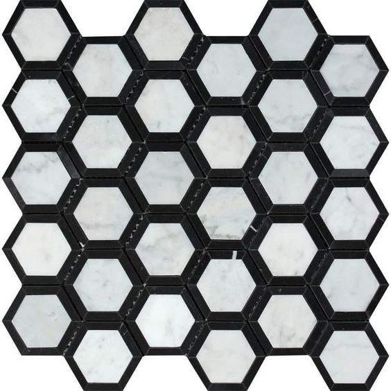 Carrara White Marble Polished 2" Vortex Hexagon Mosaic Tile w / Black-Marble Mosaic-American Tile Depot