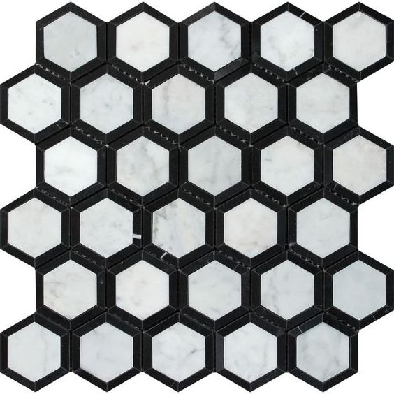 Carrara White Marble Polished 2" Vortex Hexagon Mosaic Tile w / Black-Marble Mosaic-American Tile Depot