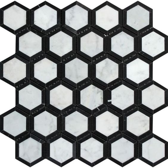 Carrara White Marble Polished 2" Vortex Hexagon Mosaic Tile w / Black-Marble Mosaic-American Tile Depot