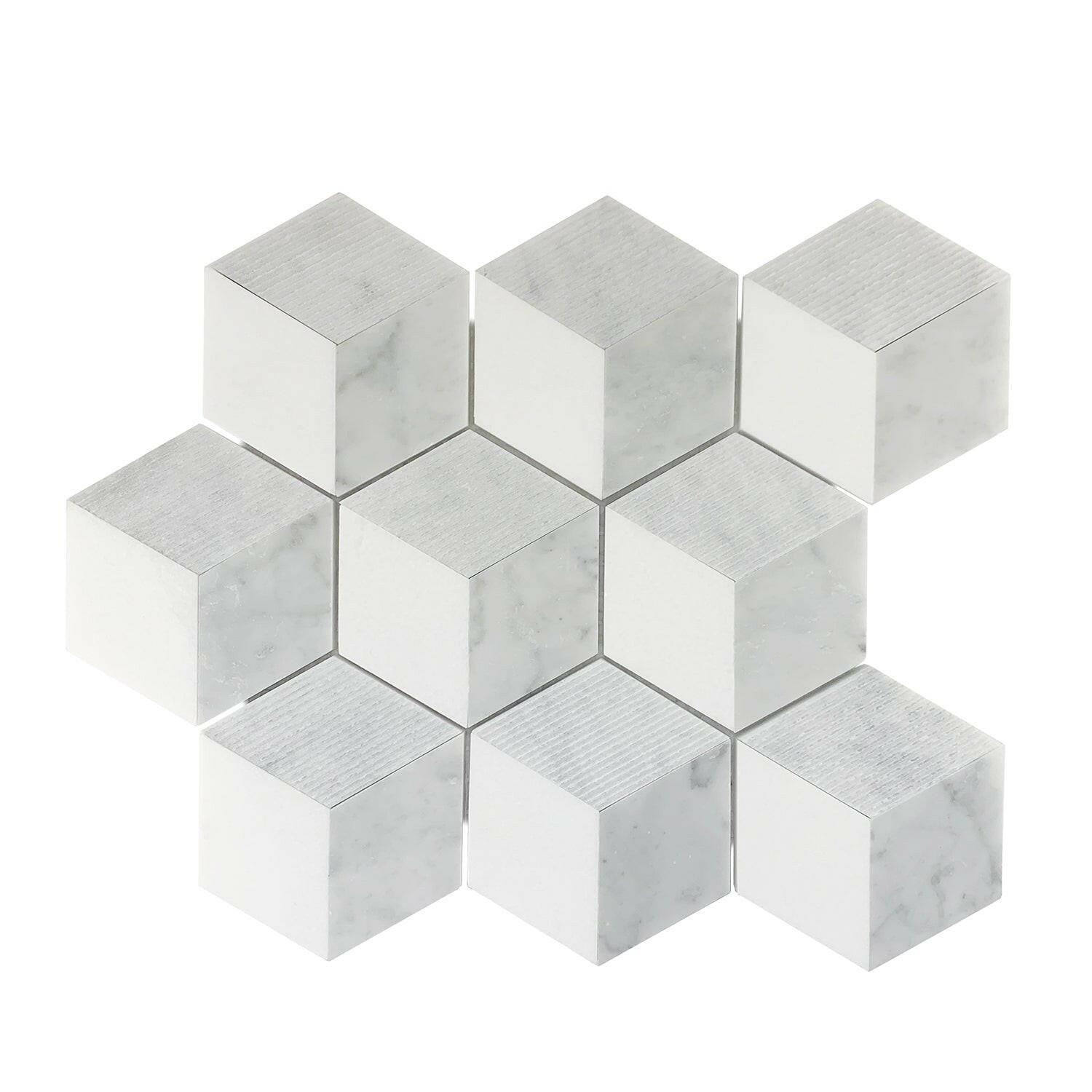 Carrara White Marble Polished 3D-Grooved Mosaic Tile-Marble Mosaic-American Tile Depot