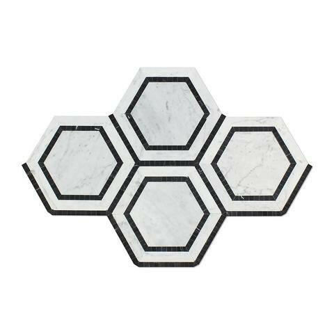 Carrara White Marble Polished 5" Hexagon Combination Mosaic Tile w / Black-Marble Mosaic-American Tile Depot