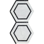 Carrara White Marble Polished 5" Hexagon Combination Mosaic Tile w / Black-Marble Mosaic-American Tile Depot