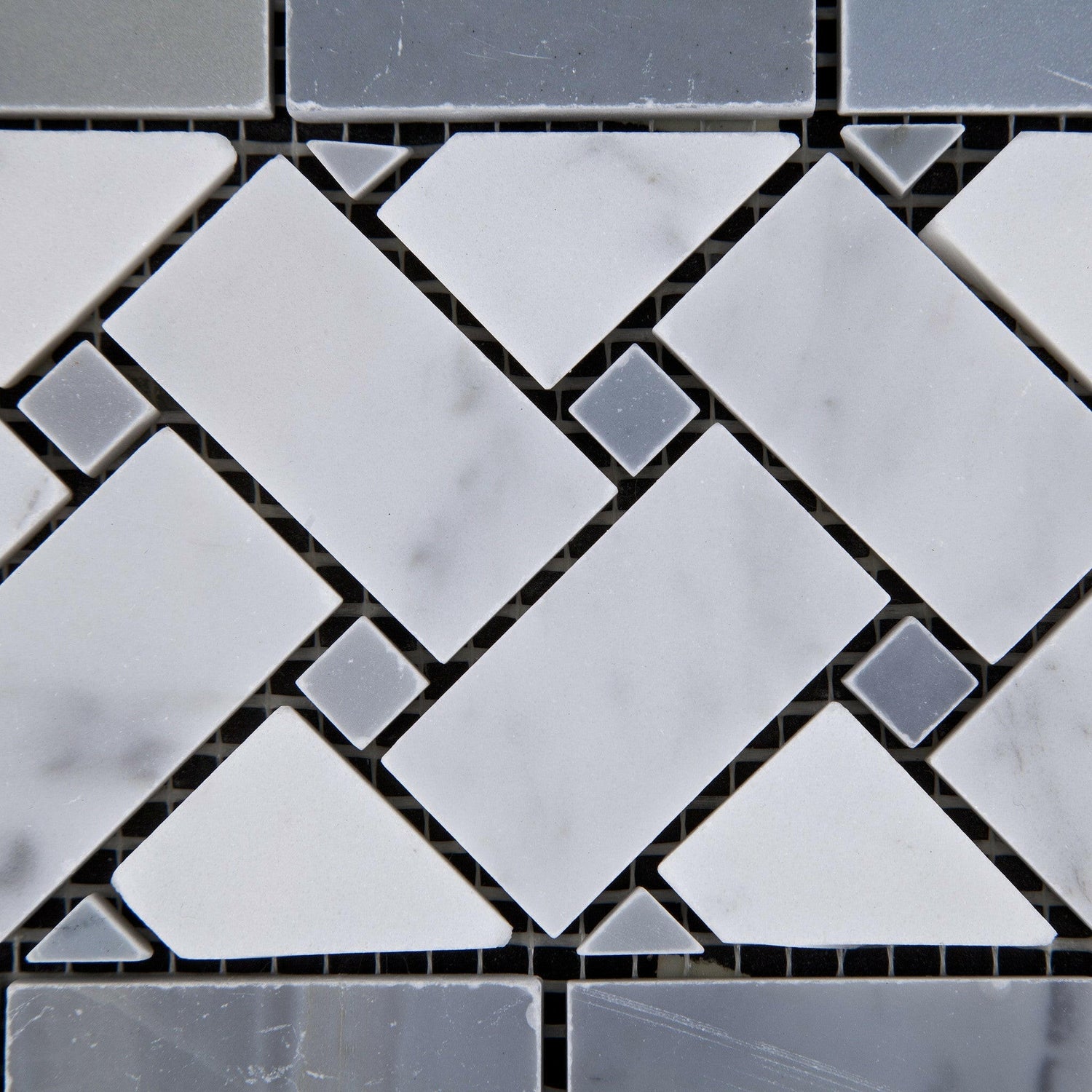 Carrara White Marble Polished Basketweave Border Listello w/ Blue-Gray Dots-Marble Border-American Tile Depot