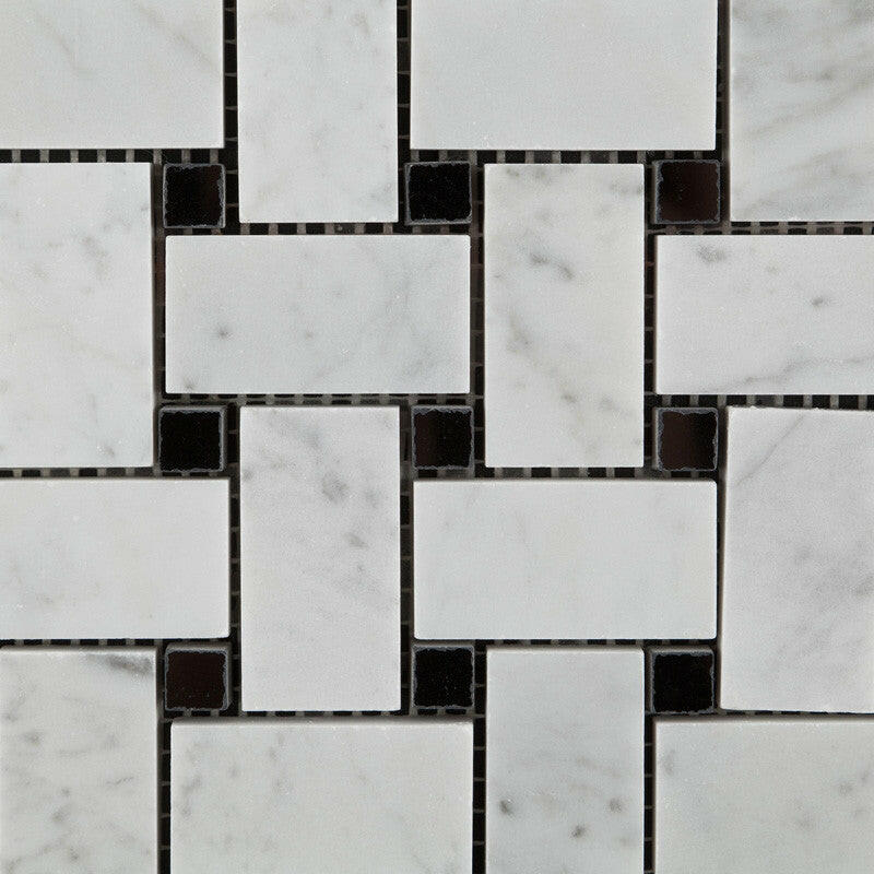 Carrara White Marble Polished Basketweave Mosaic Tile w/ Black Dots-Marble Mosaic-American Tile Depot