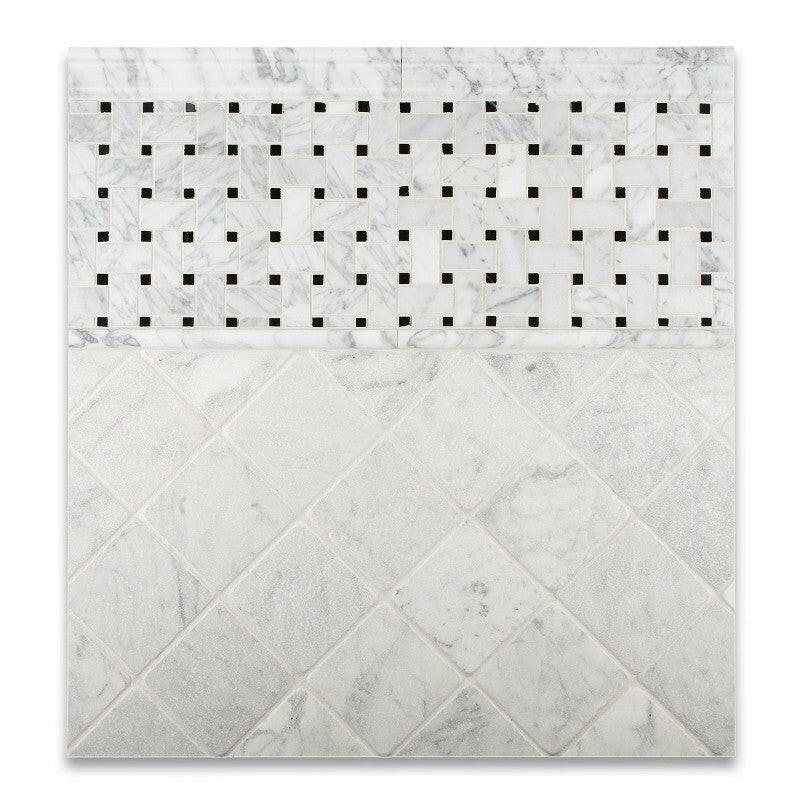 Carrara White Marble Polished Basketweave Mosaic Tile w/ Black Dots-Marble Mosaic-American Tile Depot