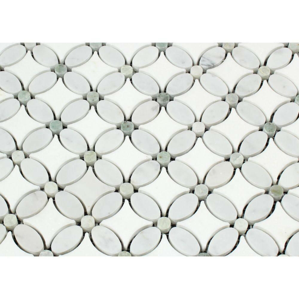 Carrara White Marble Polished Florida Flower Mosaic Tile w/ Ming Green Dots-Marble Mosaic-American Tile Depot