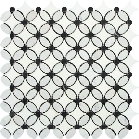 Carrara White Marble Polished Florida Flower Mosaic Tile w/Black Dots-Marble Mosaic-American Tile Depot