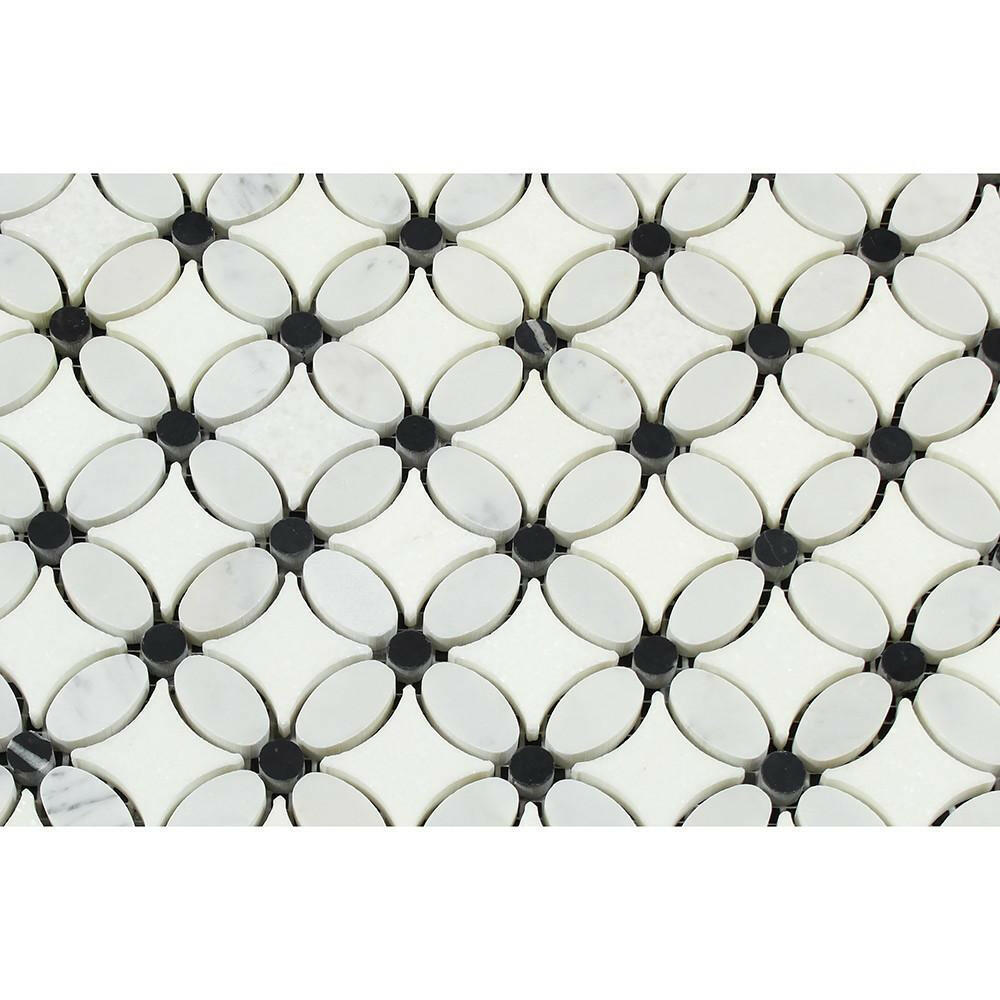 Carrara White Marble Polished Florida Flower Mosaic Tile w/Black Dots-Marble Mosaic-American Tile Depot