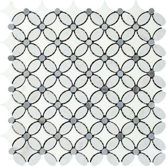 Carrara White Marble Polished Florida Flower Mosaic Tile w/Blue Gray Dots-Marble Mosaic-American Tile Depot