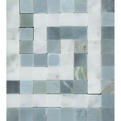 Carrara White Marble Polished Greek Key Border Corner w / Blue Gray Dots-Marble Border-American Tile Depot