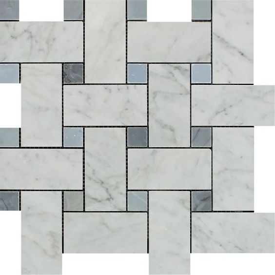 Carrara White Marble Polished Large Basketweave Mosaic Tile w/ Blue-Gray Dots-Marble Mosaic-American Tile Depot