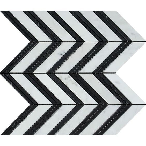 Carrara White Marble Polished Large Chevron Mosaic Tile w / Black Strips-Marble Mosaic-American Tile Depot