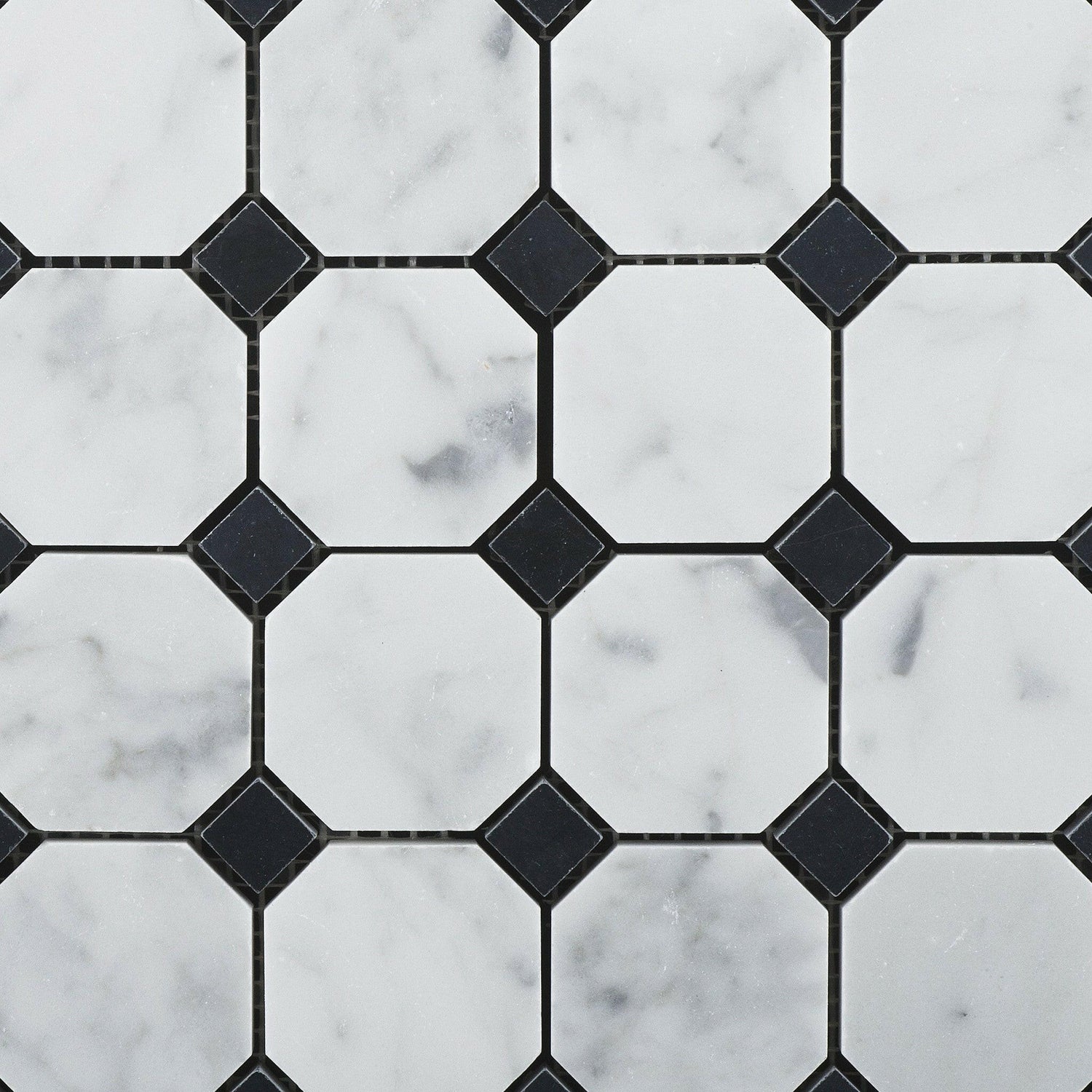 Carrara White Marble Polished Octagon Mosaic Tile w/ Black Dots-Marble Mosaic-American Tile Depot