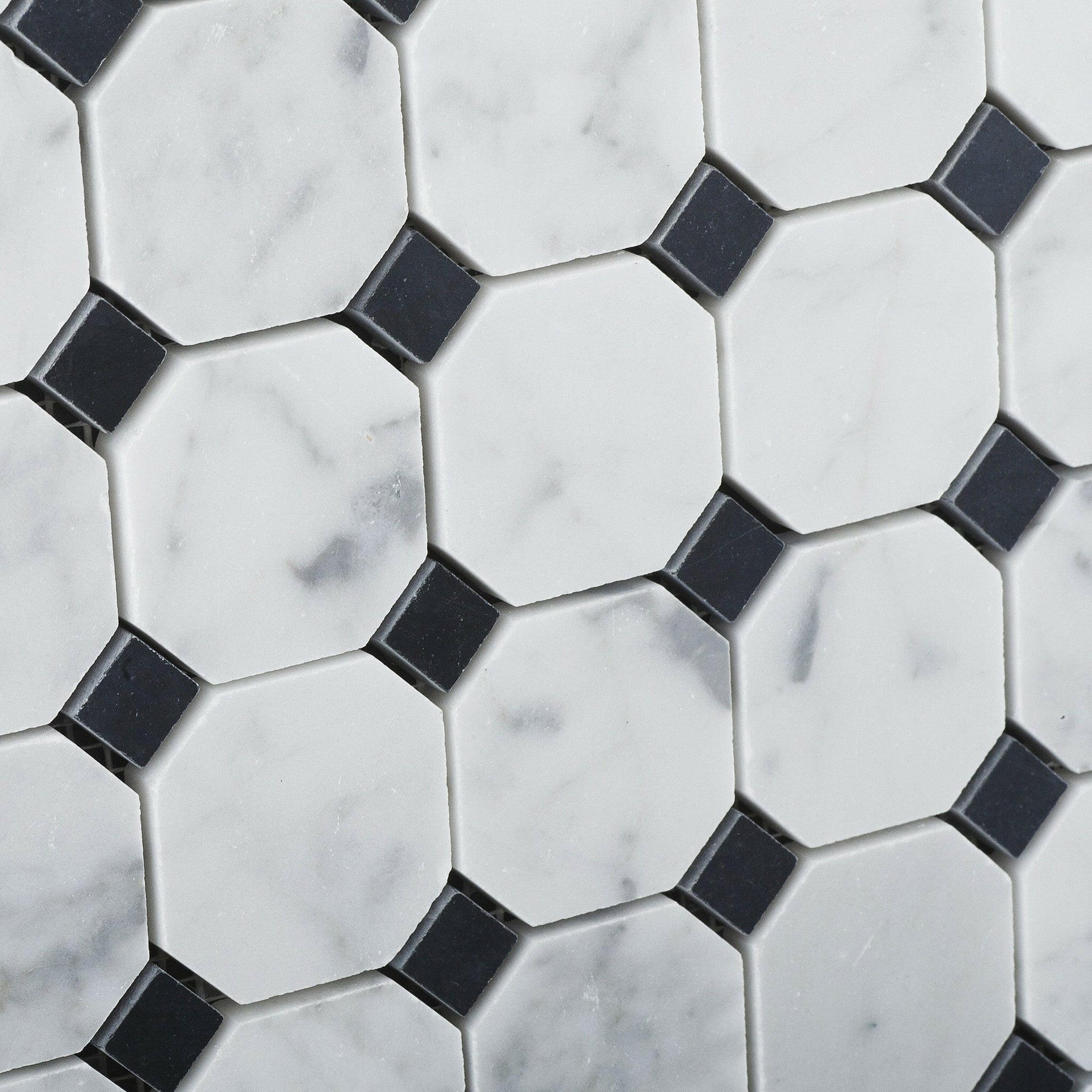 Carrara White Marble Polished Octagon Mosaic Tile w/ Black Dots-Marble Mosaic-American Tile Depot