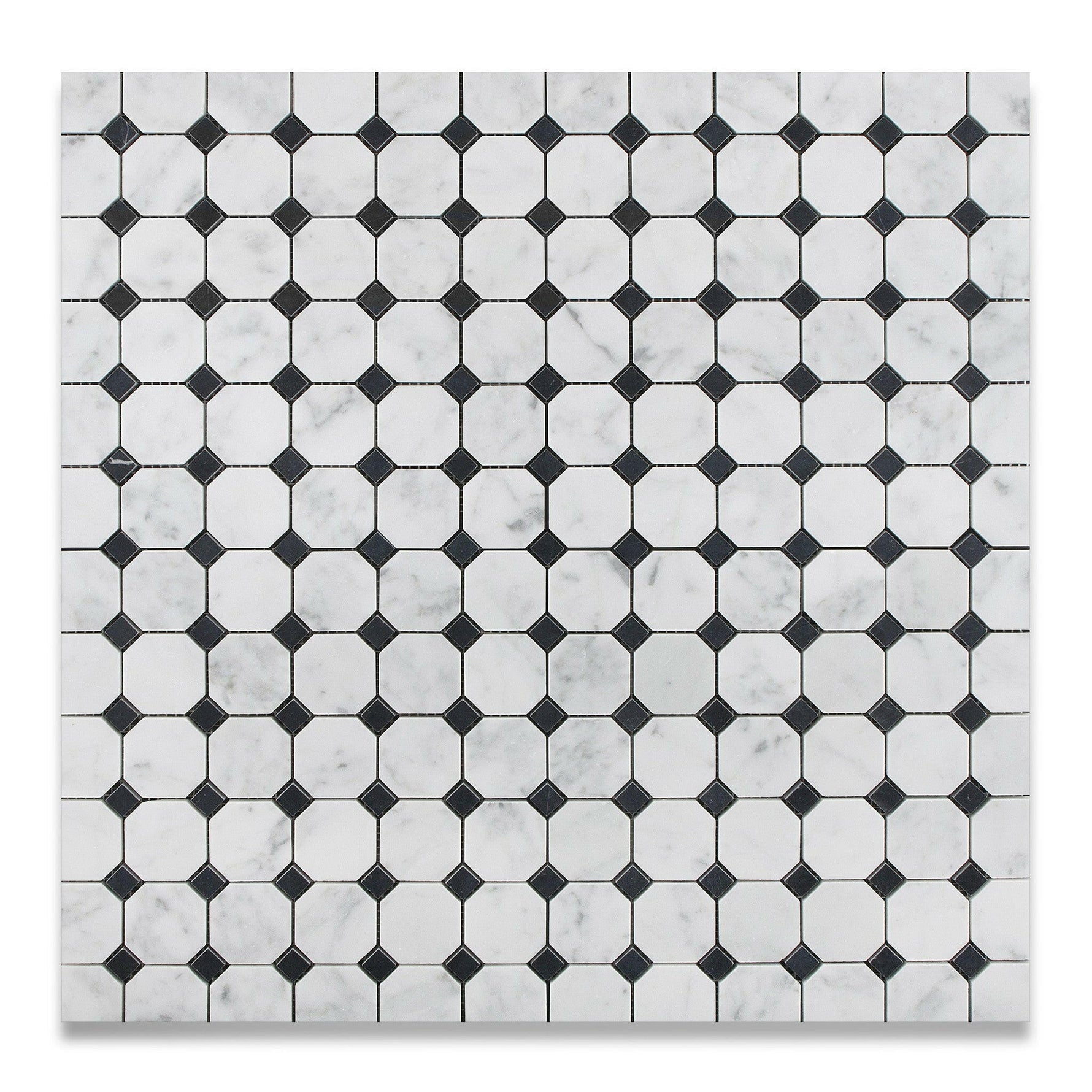 Carrara White Marble Polished Octagon Mosaic Tile w/ Black Dots-Marble Mosaic-American Tile Depot