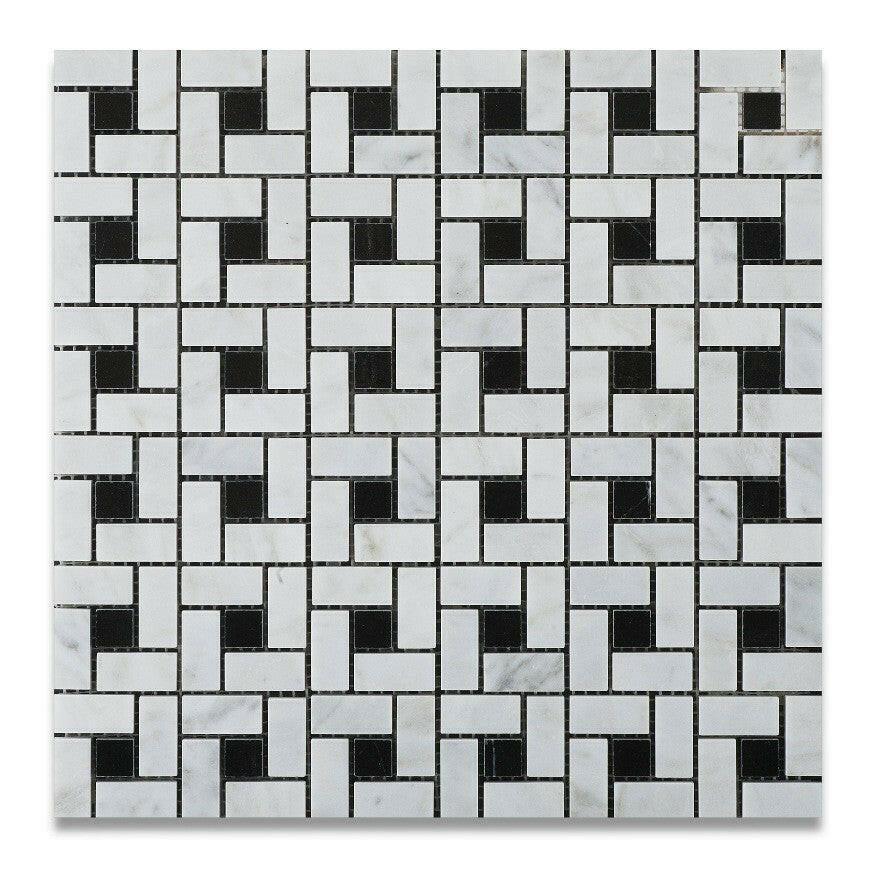 Carrara White Marble Polished Pinwheel Mosaic Tile w/ Black Dots-Marble Mosaic-American Tile Depot