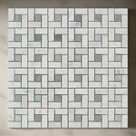 Carrara White Marble Polished Pinwheel Mosaic Tile w/ Blue-Gray Dots-Marble Mosaic-American Tile Depot